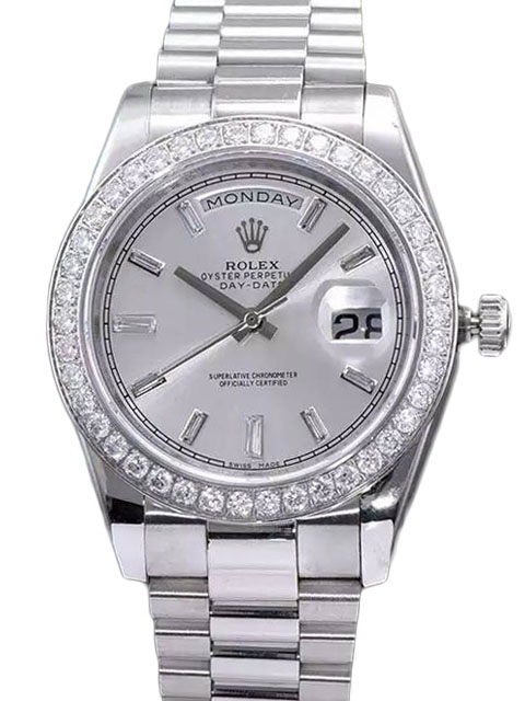 高仿ROLEX勞力士星期日歷型系列 228396TBR 銀盤鑲鉆腕錶