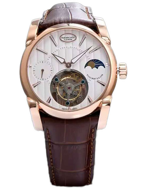 高仿帕瑪強尼手錶-Parmigiani Fleurier Tonda Tourbillon系列玫瑰金白盤星月相陀飛輪手錶